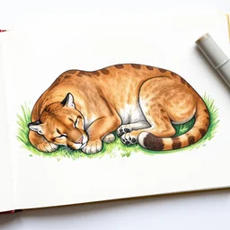 magic marker colouring book showing 'a cougar sleeping in the middle of snowy pine tree' with numbers laying on coffee table, zoomed out shot, HD,