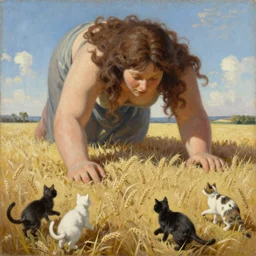 by Remedios Varos, a brown haired giantess rising above a field of wheat. Cats are playing. Oil painting, high res, traditional