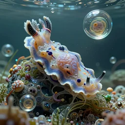 nudibranch, unspaceship, fluida, vortices micro water, gelatinosis glass, the omni, fluox symbiosi crusta, mollis, retro futurism octane render, chaos, gekkolings, phantastica, by peter mohrbacher, gekko soles gelatin brains, artificia, aliena, lush layered biomechanical fauna