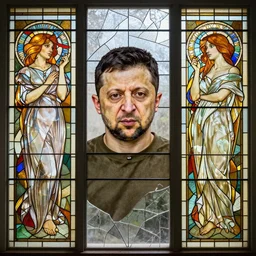 Portrait of Volodymyr Zelenskii by Mohrbacher and Moebius and Alphonse Mucha, broken stained glass windows