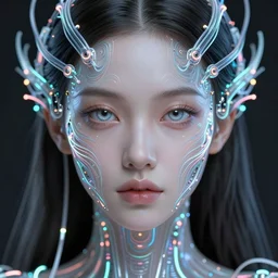 very beautiful woman, bionic pupils, full face frontal centered, portrait, detailed intricate symmetrical ornate neon cables connected to head, clear lips, luxurious long hair, sophisticated futuristic neon wiring and implants, translucent, porcelain, fractal, sci fi, dramatic lighting, photography, highly detailed, artstation, deviantart, 8 k, by chie yoshii