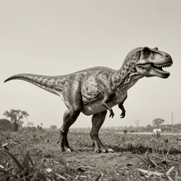 hyper realistic vintage photograph of a real dinosaur, ultra detailed, grain, old, monochrome, sepia toned, realistic lighting, wide angle