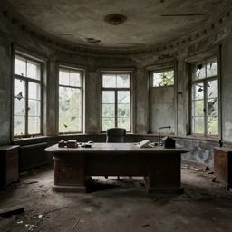abandoned dusty oval office with lights through broken windows, hyperdetailed, artstation, cgsociety, 8 k
