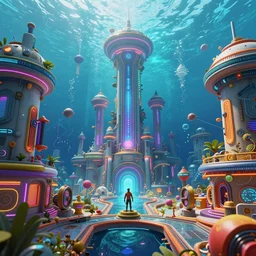 insanely epic underwater civilization, vibrant cyberpunk details, octane 3 d, octane render, unreal engine, volumetric lighting, artstation, highly detailed, sharp focus, dieselpunk colors