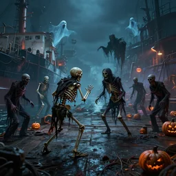 halloween monsters fighting on docks at shipyard, skeletons, ghouls, zombies, ghosts, volumetric lighting, 8 k octane beautifully detailed render, post - processing, extremely hyper - detailed, intricate, epic composition, cinematic lighting, masterpiece, trending on artstation, detailed detailed detailed, masterpiece, stunning art by anders zorn, wonderful masterpiece by greg rutkowski, beautiful cinematic light,