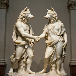 moody lighting in a beautiful museum of a marble statue of two cute humanoid furry anthro kemono male wolf characters in togas, shaking hands, in the style of caravaggio and bernini