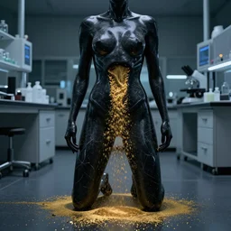 black marble female body with cut on stomach pouring golden dust on the floor of a hi-tech laboratory at night, low light