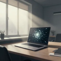 editorial illustration by karolis strautniekas and mads berg, office interior, laptop with a cracked shattered display, near a window, fog, fine texture, detailed, muted colors, dramatic lighting, dynamic composition, vivid, matte print, wide angle, ( ( sunbeams ) ), moody