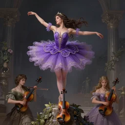 fantasy, standing on top of a violin, d & d, wearing purple romantic tutu, art by artgerm and greg rutkowski and magali villeneuve, illustration, brunette fairy woman stretching, highly detailed, trending on artstation, sharp focus, concept art, digital painting, intricate details
