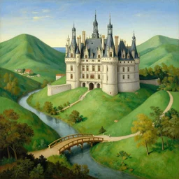 a beautiful surrealistic painting by bosch. the painting shows a chateau in a green valley. the valley has a river which has a wooden bridge. artgem, 8 k, detailed, happy
