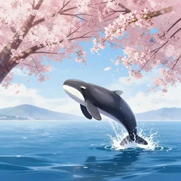 narwhal jumping out the sea, sakura trees, sakura season dynamic lighting, landscape, artwork by jeremy lipkin and giuseppe dangelico pino and michael garmash and rob rey and greg manchess and huang guangjian and makoto shinkai, pixiv, 1 0 0 mm