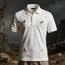 a detailed high key lighting product photo of a revolutionary gap polo shirt that blends victorian elements with futurism. couture. high fashion. fashion week