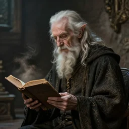 a 1 3 th century, enigmatic, melancholic, fae wizard ( look like ( ( eighty years old christopher lee ) ), is ( ( reading an old book ) ). light dust, magnificent, hyperdetailed, theatrical, painted by gulacsy lajos -