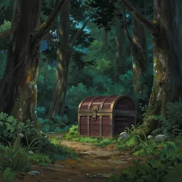 a forest path, beautiful ancient trees, hiding large treasure chest, serene evening atmosphere, soft lens, soft light, cel - shading, animation, in the style of cgsociety, deviantart, artstation, zbrush, cinema 4 d, studio ghibli, akihiko yoshida, atelier lulua, masamune shirow