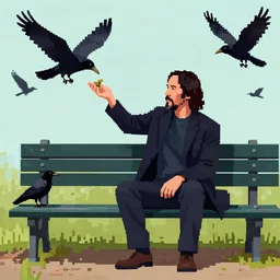 Keanu Reeves sitting on a bench feeding crows, pixelated art