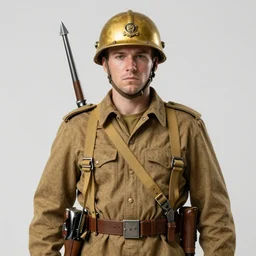realistic portrait of a war hero with his weapons, golden, delicate, facing camera, hyper realism, 1 4 5 0, ink, ultra realistic, 8 k