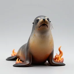 a beautiful art toy figurine of a anguished south american fur seal, oiled and fire