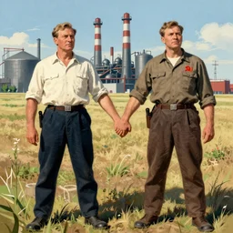 Geert Wilders and Thierry Baudet dressed as factory workers, holding hands in a field in the style of drawn Soviet propaganda