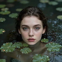 portrait of a beautiful woman with her face emerging from the water, on the water are leaves of nymphs in the style of julie dillon