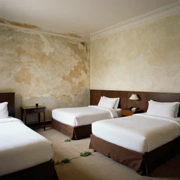 an old hotel room, the walls are decaying, the floor has plants growing through cracks, the room is filled with tables and chairs, the tables have moldy food on them, sunlight is coming through a window, taken on a 2. 2 mm ultrawide camera.