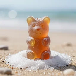 5 5 mm macro photo of a magical gummi bear standing, holding out its hands for a hug, on the sands of a magical beach made of white sugar. dof. bokeh. by raffaello ossola. sharp focus, highly detailed 8 k. intricate. lifelike. soft light. cinematic lighting.
