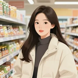 the portrait a beautiful grocery young asia woman in down jacket, the background is a grocery store, winter, illustration by kim jung gi, irakli nadar, intricate linework, bright colors, octopath traveler, wenjun lin, unreal engine 5 highly rendered, global illumination, radiant light, detailed and intricate environment