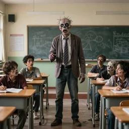 zombie - teacher in school, full body portrait, chaotic classroom with undead students, desks and chairs and chalkboard, sharp focus, fiction, hyper detailed, digital art, trending in artstation, cinematic lighting, studio quality, smooth render, unreal engine 5 rendered, octane rendered, art style and nixeu and wlop and krenz cushart
