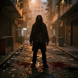 dirty, dark, streets of Hong kong, a creepy orange mist through the streets, blood puddles on the floor, debris on the floor, cinematic lighting, a scary monster looking at the camera