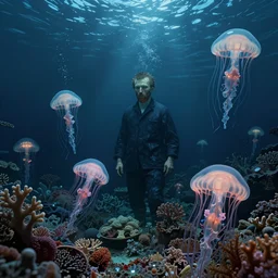 nightmares of the deepest oceans by zdzisław beksinski, ed binkley, and vincent van gogh, bioluminescent, coral reef, jellyfish, ai biodiversity, ernst haeckel, photorealistic ultrasharp hyperdetailed octane render