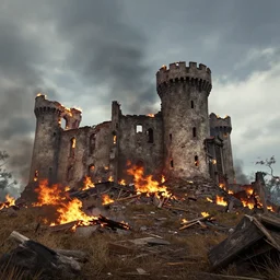 castle in ruins, on fire, under attack, wide angle, octane render