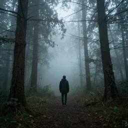 person in the middle of the forest with fog hyperrealistic