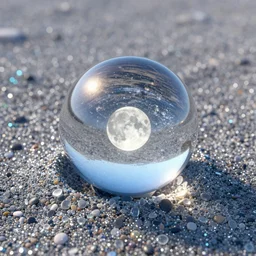perfectly round glass orb resting on a glittering bioluminescent beach with small, smooth glass pebbles, refracting the moonlight and containing the cosmological centre ; photorealistic octanerender, colorful, centre image, clean borders + symmetry