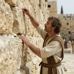 award winning cinematic still of 40 year old man in ancient Canaanite clothing building a broken wall in Jerusalem, directed by Christopher Nolan