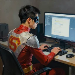 an insanely detailed painting of a asian man wearing a homemade superhero costume and mask, sitting at a computer desk typing on the keyboard, in the style of peter mohrbacher, dramatic lighting and composition, trending on artstation, concept art, comic book, graphic novel, back view