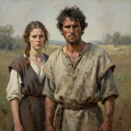 french poor angry rough dirty male / female peasant gang member in a tunic character portrait photoreal painting blanche