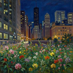 Chicago magnificent mile overgrown by miles and flowers by Tyler Edin and Jean Delville and John Atkinson Grimshaw and Robert Hubert, German romanticism style, oil on canvas, cinematic lighting, vibrant, concept art, gothic, contrasting, nightscape
