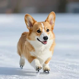 cute realistic corgi skating on ice, photo