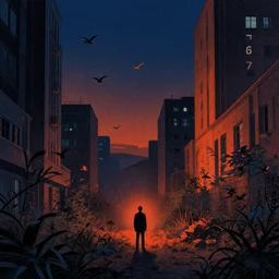city overgrown with nature, lone man + birds flying in the sky, mads berg, karolis strautniekas, film noir, stippled light, dramatic lighting, editorial illustration, detailed, fine texture, matte print, art deco, brutalism, dark blue + dark orange, red, black, ( ( habitat 6 7 background ) ) 1 0 2 4