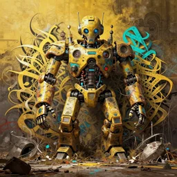 matte painting of overgrowth extreme 3 d calligraphy graffiti tag mural maximalism robot by atey ghailan, by greg rutkowski, by greg tocchini, by james gilliard, by joe fenton, yellow, brown, black and cyan color scheme, octane render