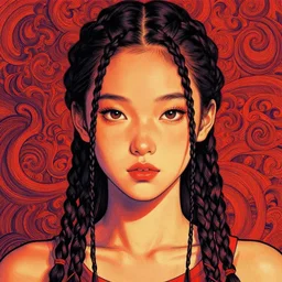 asian girl in anime style with thin braids in front across her face, bold colors, intricate, volumetric lighting, good composition, fine swirling lines, bold colors, global illumination, art by tyler edlin and rhads and gustave dore, artstation