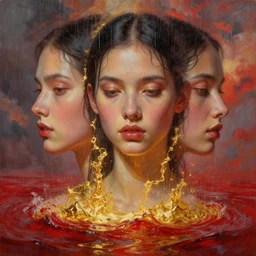 3 d, rain, boiling liquid gold ocean storm, red water, close - up, fashion model, poster art, high detail, intricate oil painting, multiple exposure, heaven mood, hyperrealism, 3 d, by tooth wu and wlop and beeple and greg rutkowski