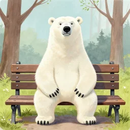 a drawing of a polar bear angrily sitting on a park bench, with a realistic human face, in the style of dr seuss