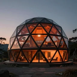 epic exterior photo of a futuristic organic japanese geodesic house, geodesic structure, dramatic lighting, black and orange colour palette, long shot, archviz