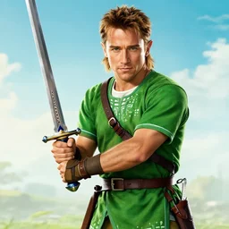 cinema poster of a young arnold schwarzenegger holding a sword playing link in the new zelda movie