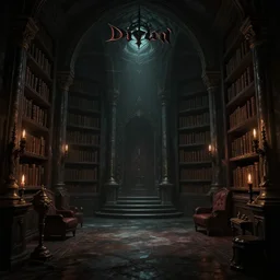 dark sinister vampire lair interior by Michael Parkes, library, adventure game, inspired by Diablo concept art