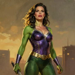 full figure, Sigourney weaver as She-Hulk, atmospheric lighting, painted, intricate, golden hour, ultra detailed by Alex Ross