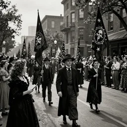 Satanic States of America, alternate history, Satanic parade, 1940s, Pennsylvania Avenue, occult flags, goth crowds, 1940s fashion