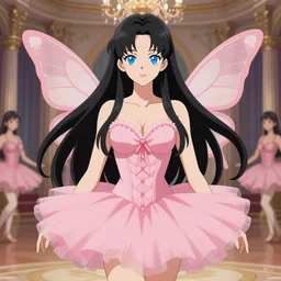 full shot illustration of elegant bombshell anime waifu woman with long black hair, blue eyes, pink romantic tutu, butterfly wings. symmetrical face, symmetrical detailed defined eyes, intricate, dance hall background, by ilya kuvshinov