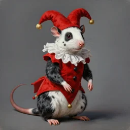 masterpiece painting by WLOP and Ross Tran of a spotted male humanoid black and white wererat wearing red jester clothes, highly detailed, sharp, color graded, featured in Artstation, inspired by Greg Rutkowski, cgsociery