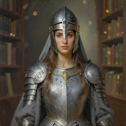 portrait of meghan ory, armor, helmet, gray robes, runes, jewelry, mystical, ethereal, magical library bokeh, painting by greg rutkowski and alphonse mucha